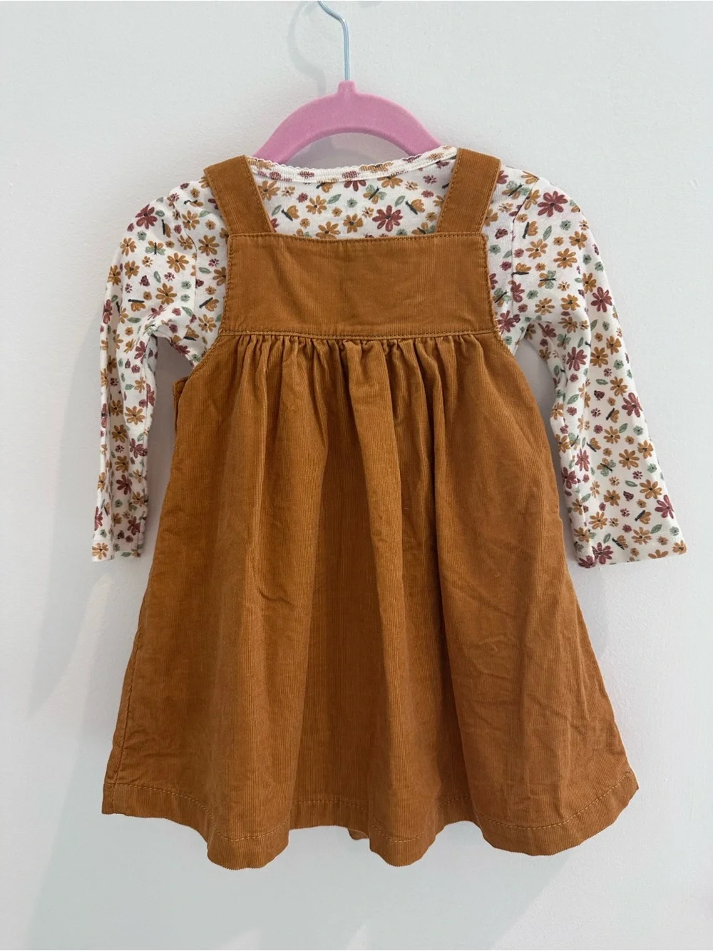 Carter’s Baby Girl Brown Corduroy Pinafore Dress with Floral Long Sleeve Onesie